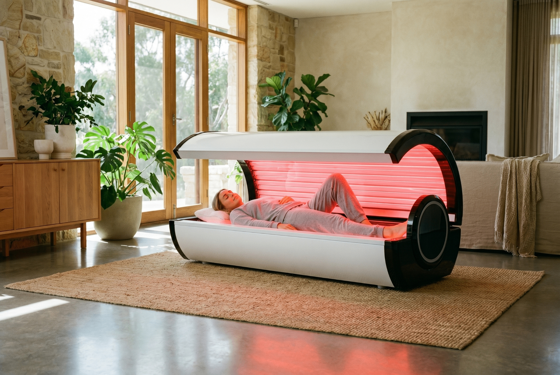 VitaLex home red light therapy bed in a sunlit living room