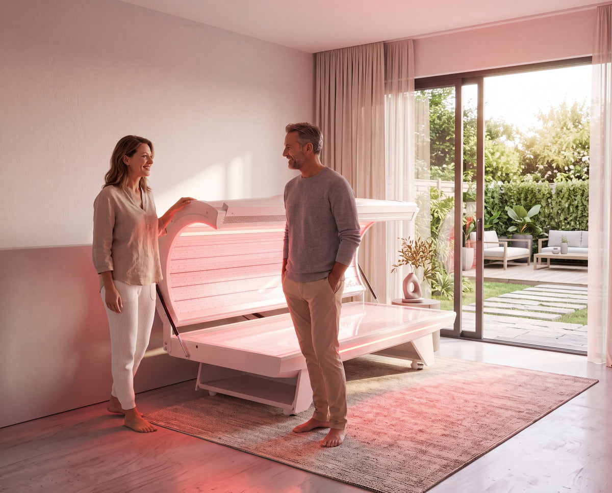 The VitaLex Nova red light therapy bed in a bright room